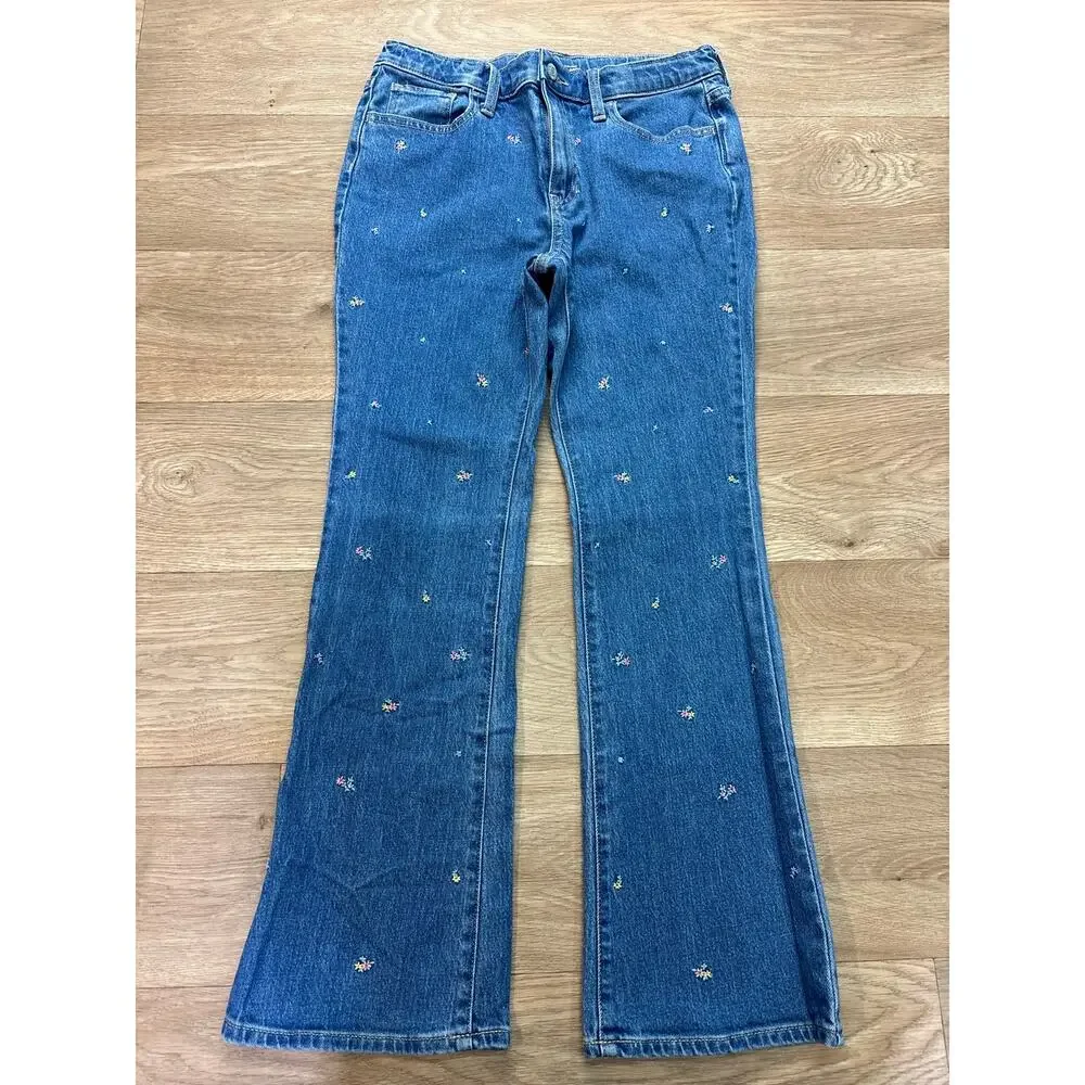 Old Navy Girls High-Rise Flare Jeans Embroidered Floral Blue Denim Size 18